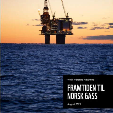 Rapportforsiden viser en oljeplattform i soloppgang eller -nedgang.
