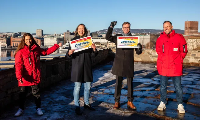På et arrangement på Akershus festning onsdag 26. januar mottok WWF Verdens naturfond og SOS-barnebyer en sjekk på 22.997.878 millioner kroner hver. Her ser du Postkodelotteriets ambassadører Jorun Stiansen (t.v.) og Tom Stiansen (t.h.) sammen med WWFs assisterende generalsekretær Else Hendel og SOS-barnebyers kommersielle leder Ole Herman Kjernsby under utdelingen.